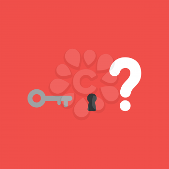 Flat vector icon concept of key with keyhole and question mark on red background.