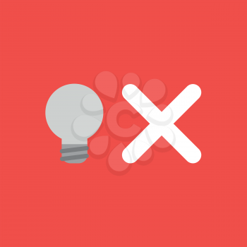 Flat vector icon concept of grey light bulb with x mark on red background.