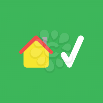 Flat vector icon concept of house with check mark on green background.