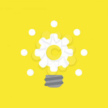Flat vector icon concept of glowing gear light bulb on yellow background.