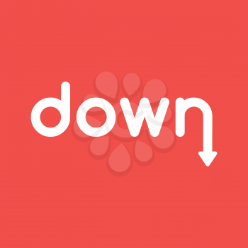 Flat vector icon concept of down word with arrow moving down on red background.