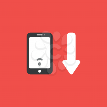 Flat vector icon concept of low wireless wifi symbol inside smartphone and arrow moving down on red background.