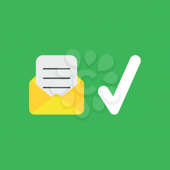 Flat vector icon concept of written paper inside mail envelope and check mark on green background.