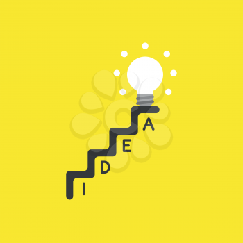 Flat vector icon concept of glowing light bulb on top of idea stairs on yellow background.