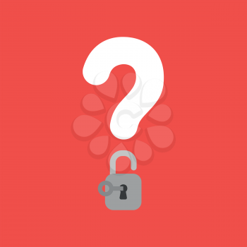 Flat vector icon concept of question mark with opened padlock with key on red background.