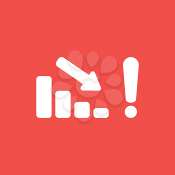 Flat vector icon concept of sales bar graph arrow moving down with exclamation mark on red background.