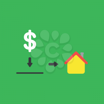 Flat vector icon concept of dollar symbol with moneybox hole and house on green background.
