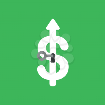 Flat vector icon concept of key into dollar symbol keyhole on green background.