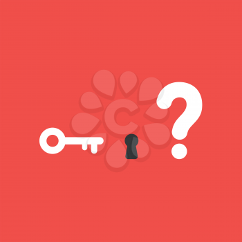 Flat vector icon concept of key and keyhole with question mark on red background.