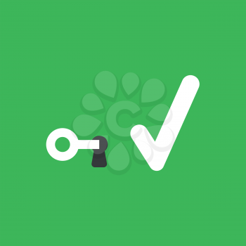 Flat vector icon concept of key into keyhole with check mark on green background.