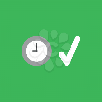 Flat vector icon concept of clock with check mark on green background.