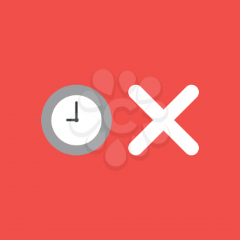 Flat vector icon concept of clock with x mark on red background.