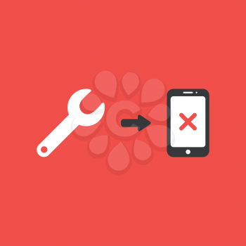 Flat vector icon concept of spanner and smartphone with x mark on red background.