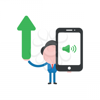 Vector illustration businessman character holding arrow moving up and smartphone with sound on icon.