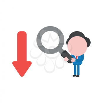 Vector illustration businessman character holding magnifying glass and looking to arrow moving down.