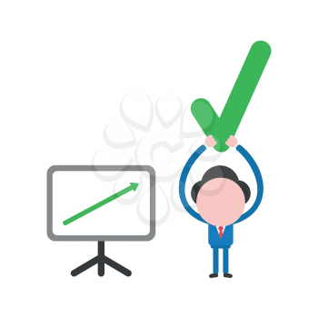 Vector illustration businessman character with sales chart arrow moving up and holding up check mark.