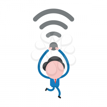 Vector illustration businessman character running and carrying wireless wifi symbol.