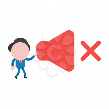 Vector illustration businessman character walking and holding sound off icon.
