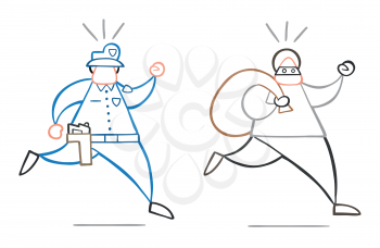 Vector illustration cartoon thief man with face masked running away from police and carrying sack.