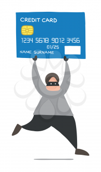 Vector illustration cartoon thief hacker man with face masked running and carrying credit card.