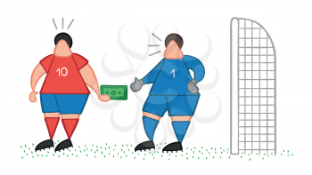 Vector illustration cartoon soccer player man giving bribe and goalkeeper taking money.