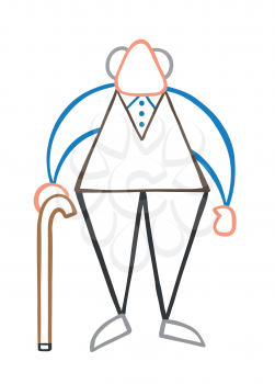 Vector illustration cartoon old man standing with wooden walking stick.