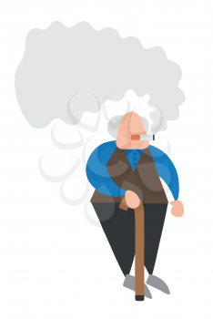 Vector illustration cartoon old man standing with wooden walking stick and smoking cigarette.
