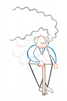 Vector illustration cartoon old man standing with wooden walking stick and smoking cigarette.