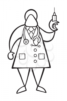 Vector illustration cartoon doctor man with stethoscope and standing, holding syringe ready for injection.