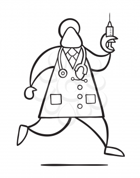 Vector illustration cartoon doctor man with stethoscope and running, holding syringe ready for injection.