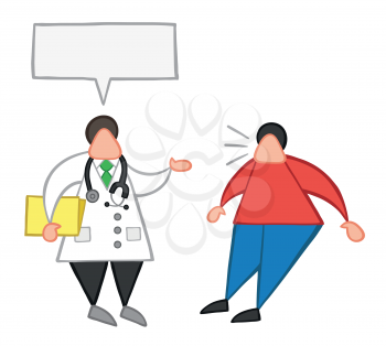 Vector illustration cartoon doctor man holding folder and talking to his patient with blank speech bubble and oatient surprised.