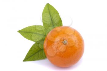 Tangerine with green leaves on a white background.