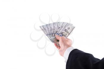 Man's hand in suit with dollars on a white background.