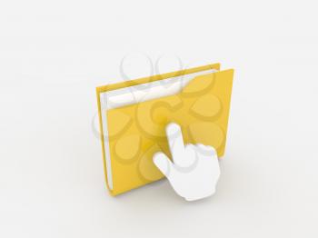 Hand is clicking on a folder with documents on a white background. 3d render