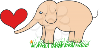 Elephant with hearts stands on the grass. Vector illustration .