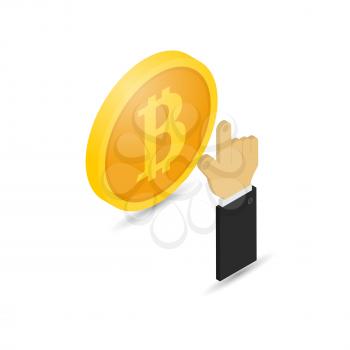 The businessman's hand presses a coin bitcoin. Earnings in the network of crypto-currencies. Vector illustration .