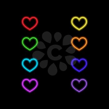 Colored neon hearts on a black background. Vector illustration .