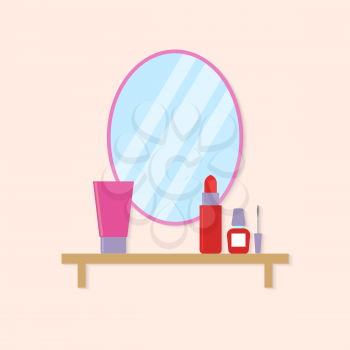 Cosmetics on the table near the mirror in the bathroom. Vector illustration .