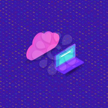 Laptop and cloud on digital background. Isometric vector illustration.