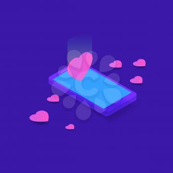 Smart phone and hearts on blue background. Isometric vector illustration.