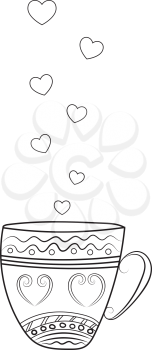 A cup of tea with hearts painted in black and white. Vector illustration .