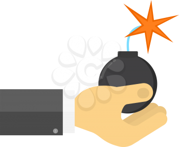 A man holds a bomb with a burning wick in his hands. Vector illustration .