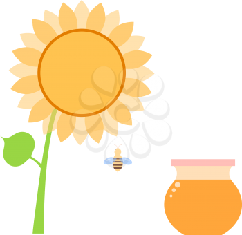 Honey in a can of bee and sunflower on a white background. Vector illustration .