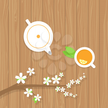 Tea teapot and a branch of the cherry blossoms on a wooden table. Vector illustration .