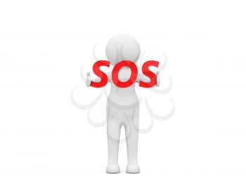 3d character with the sign sos on a white background. 3d render illustration.