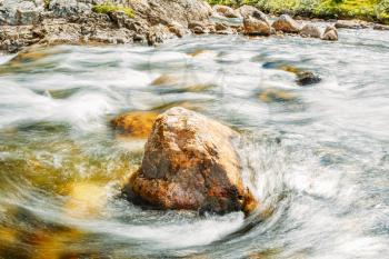 Norway Nature River. Rock Stone In Pure Cold Water Pond