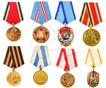 Each Medal Photographed Separately. Collection Set Сollage Of Russian Soviet Medals For Participation In The Second World War On White Isolated Background.
