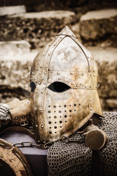 Protective Helmet With A Visor On Medieval Knight. Medieval Templar Helmet Waiting For Knight