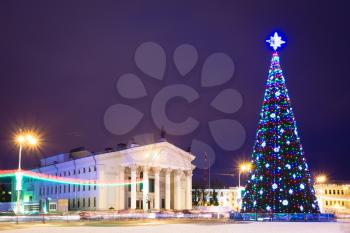 Main Christmas Tree And Festive Illumination On Lenin Square In Gomel. New Year In Belarus.