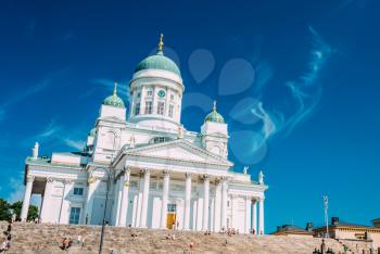 Helsinki Cathedral, Helsinki, Finland. The Facade Fronted By A Statue Of Emperor Alexander II Of Russia